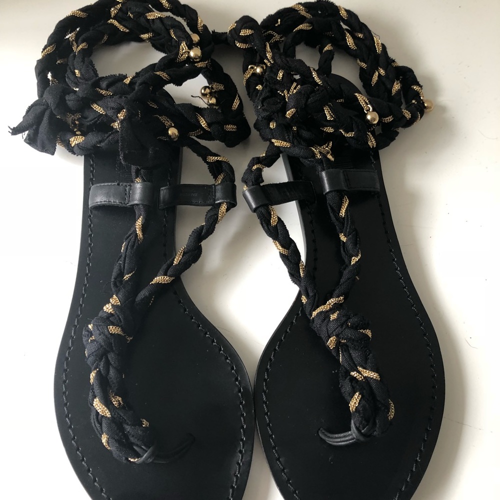 Belle by Sigerson Morrison Black and Gold Braided Lace-Up Sandals